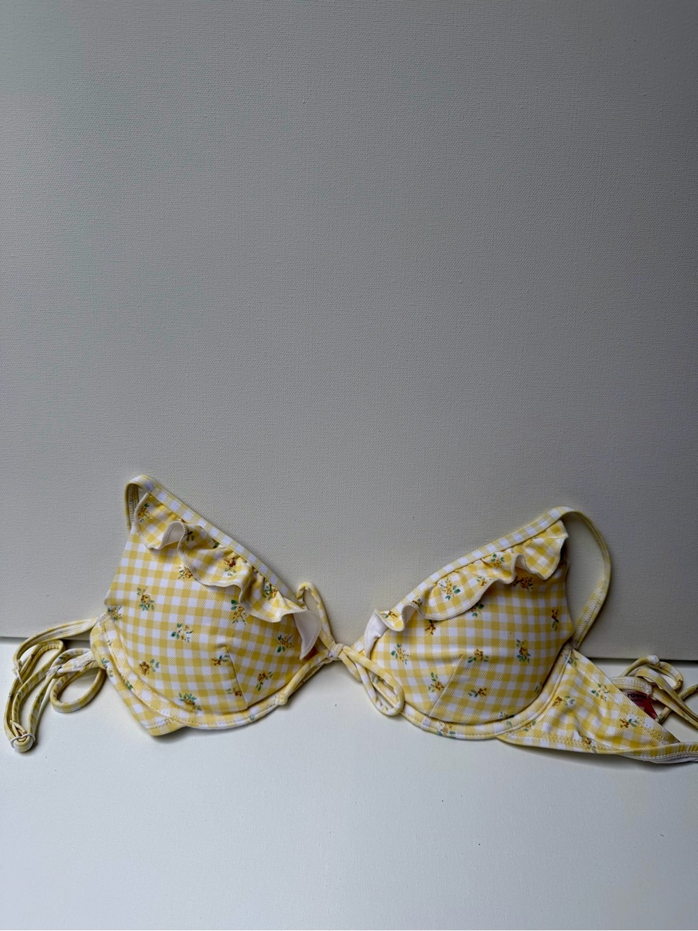 Ardene Yellow Gingham Ruffle Bikini Top with Floral Accents